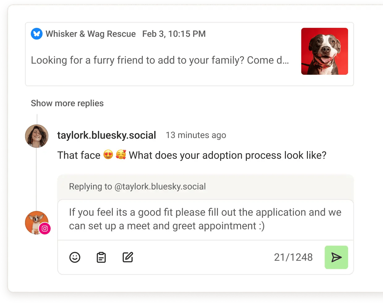 Buffer Community comment reply screen with create post from my reply option.