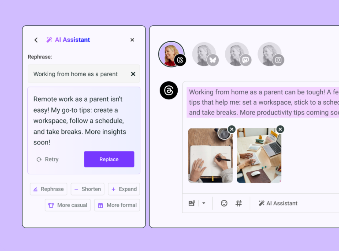 Buffer AI assistant interface rephrasing a post about working from home as a parent, with preview shared across multiple social media accounts and attached workspace photos.