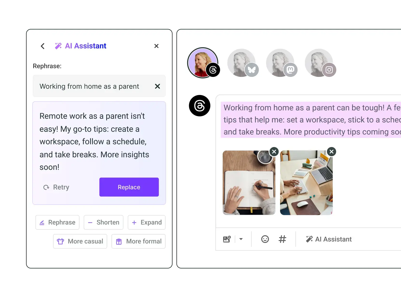 Screenshot of Buffer’s AI writing tools rephrasing a social media post about remote work with options to adjust tone, expand text, and publish across platforms.