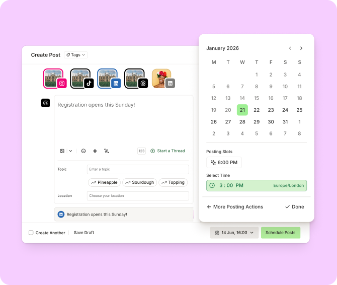 Social media marketing strategy in action: Buffer's Create Post screen scheduling a multi-channel post for 3:00 PM with a January 2026 calendar picker