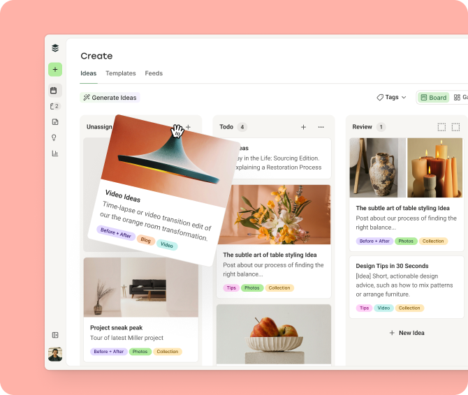 Social media marketing strategy planning in Buffer's Ideas board, with content cards organized across Unassigned, Todo, and Review columns