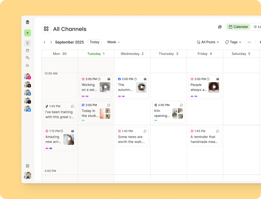 Social media marketing strategy calendar in Buffer showing a week of scheduled posts across Instagram, TikTok, LinkedIn, and X channels