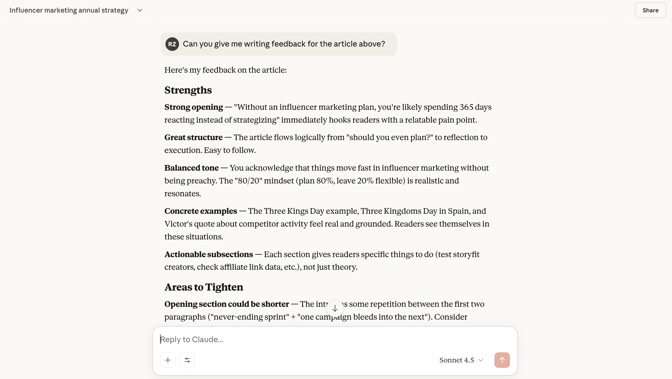 Screenshot of Claude AI writing tools providing article feedback with strengths and editing suggestions for an influencer marketing annual strategy document.