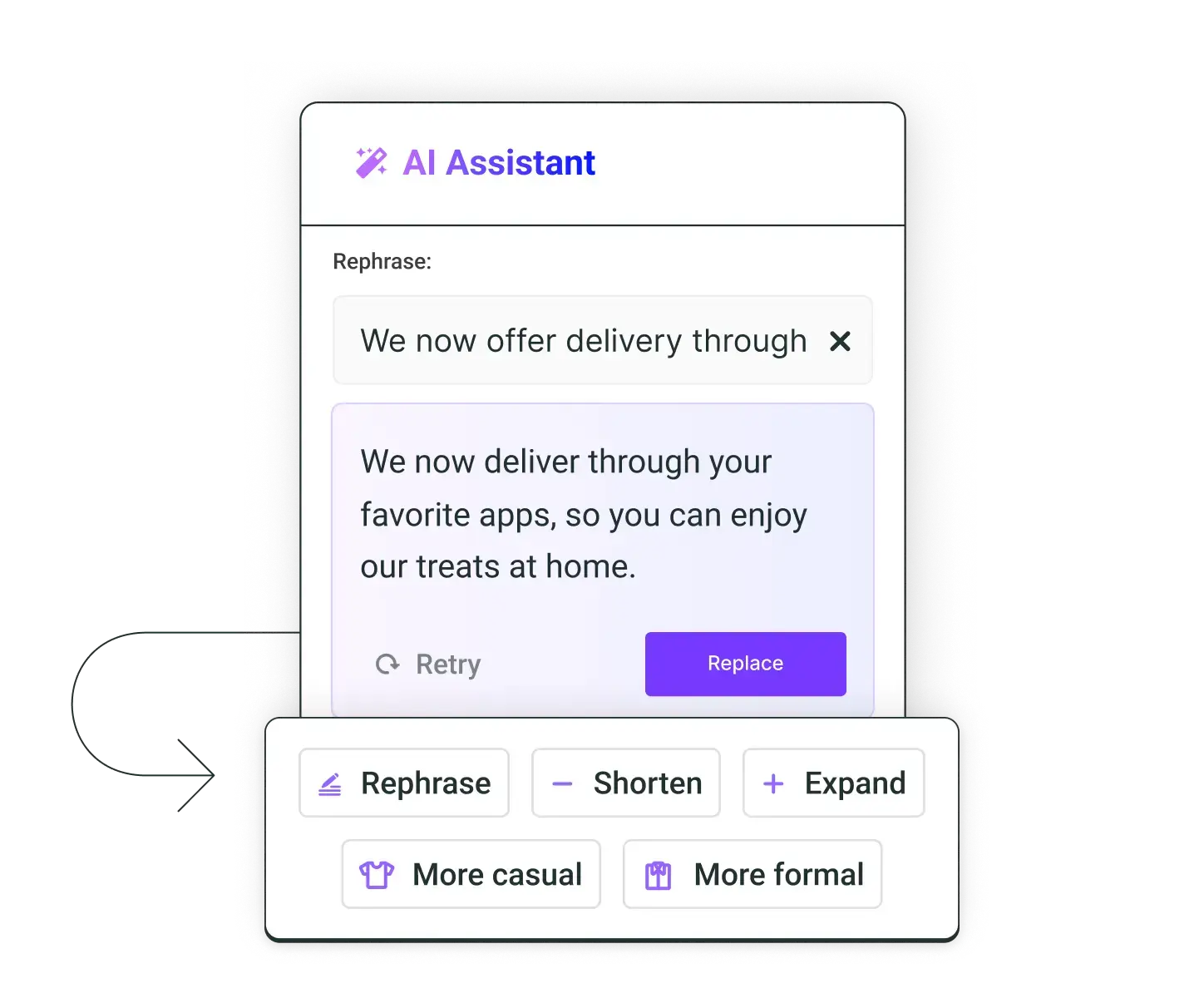 Screenshot of Buffer’s AI writing tools rephrasing marketing copy with options to shorten, expand, or adjust tone for social media content.