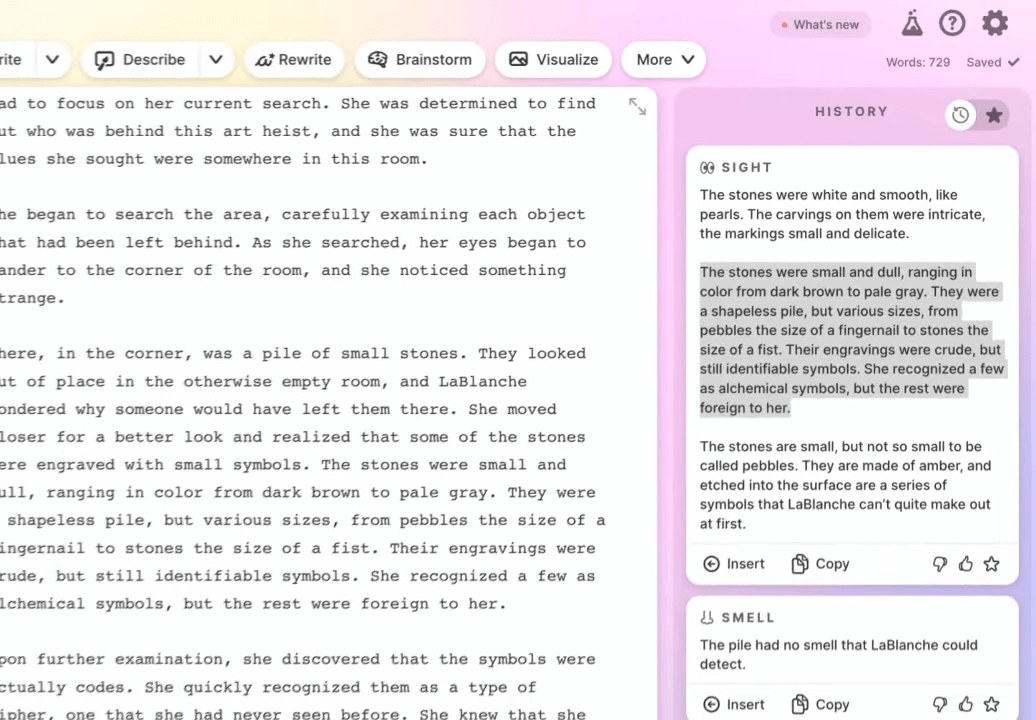 Sudowrite interface showing AI-assisted fiction writing tools with rewrite, brainstorm, and visualize features alongside generated descriptive suggestions for creative storytelling.