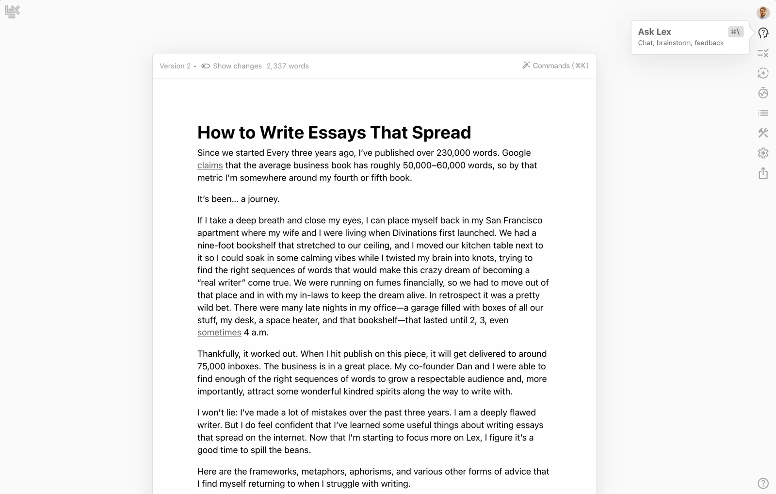Lex writing platform displaying a long-form essay editor with AI brainstorming and feedback tools for creators using AI writing tools to improve productivity and content quality.
