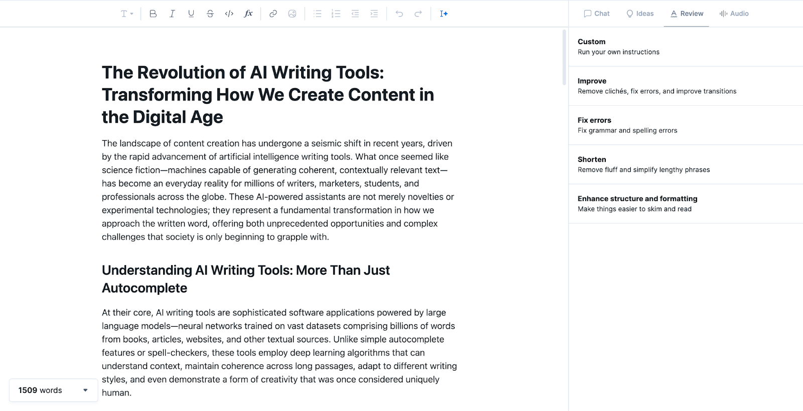 Type editor interface displaying an article about AI writing tools and digital content creation with review options for improving grammar, structure, and readability.