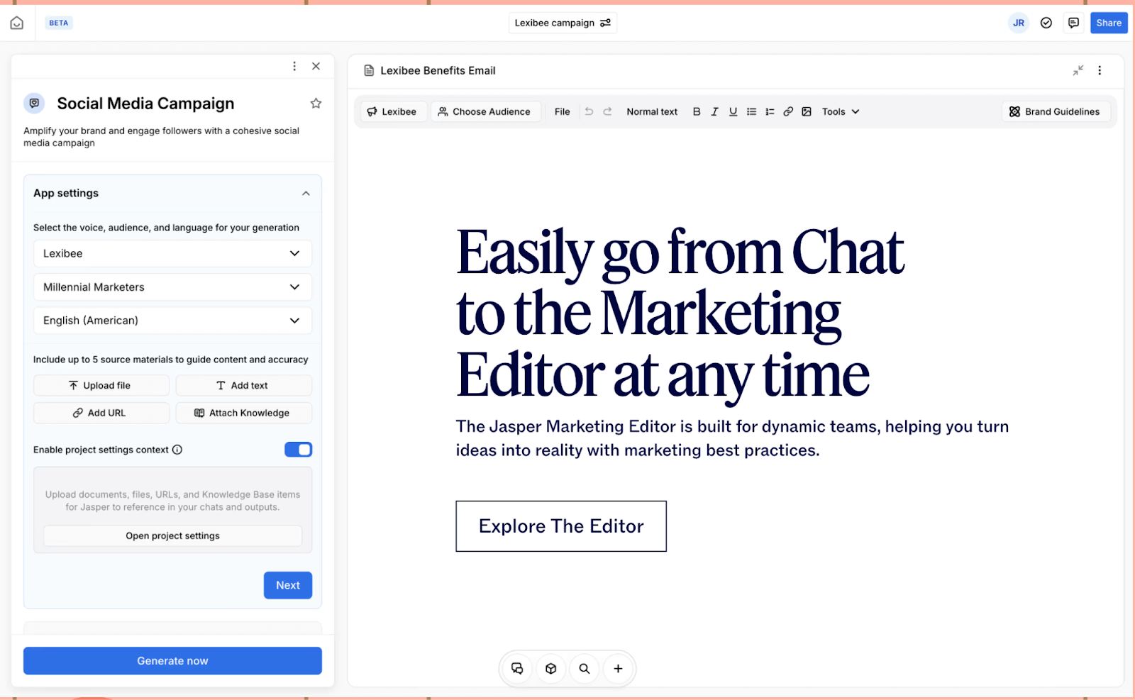 Jasper AI marketing editor displaying AI writing tools for social media campaigns, brand-focused content creation, and automated marketing copy generation.