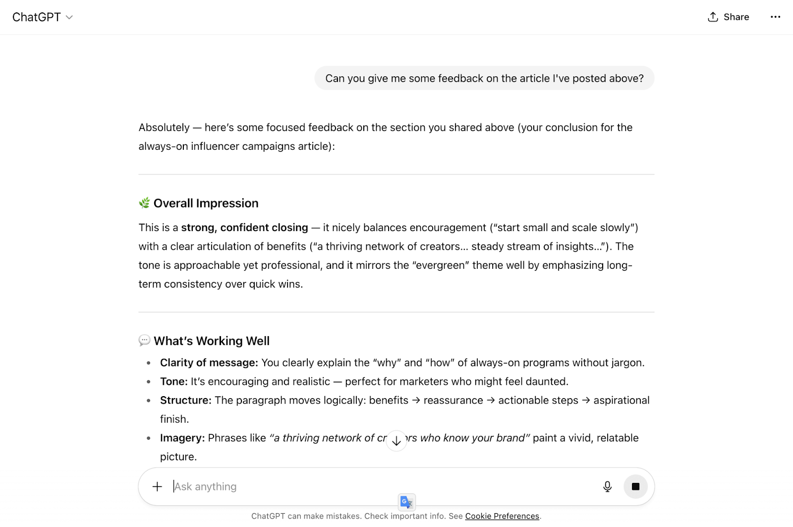 Screenshot of ChatGPT feedback highlighting article strengths and structure for marketers using AI writing tools to improve content clarity and engagement.