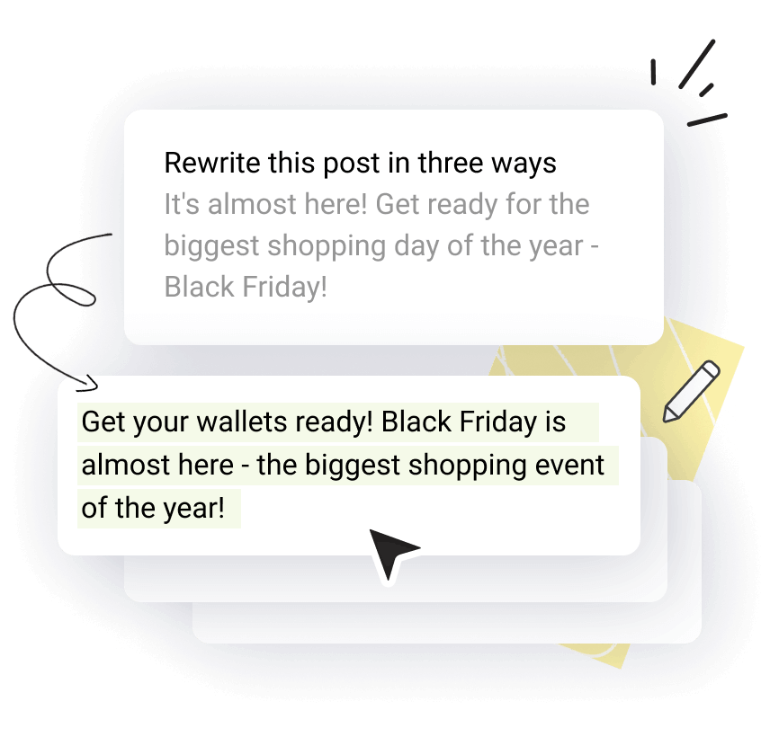 Illustration of Buffer’s AI writing tools rewriting a Black Friday social media post into multiple engaging marketing copy variations.