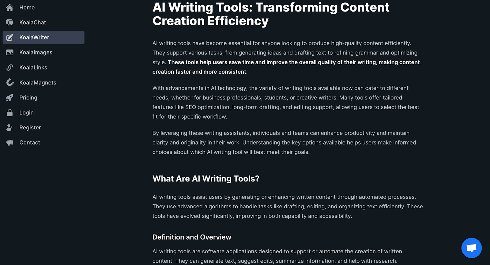 KoalaWriter dashboard displaying an article about AI writing tools with SEO-focused content creation features, long-form writing support, and productivity enhancements.