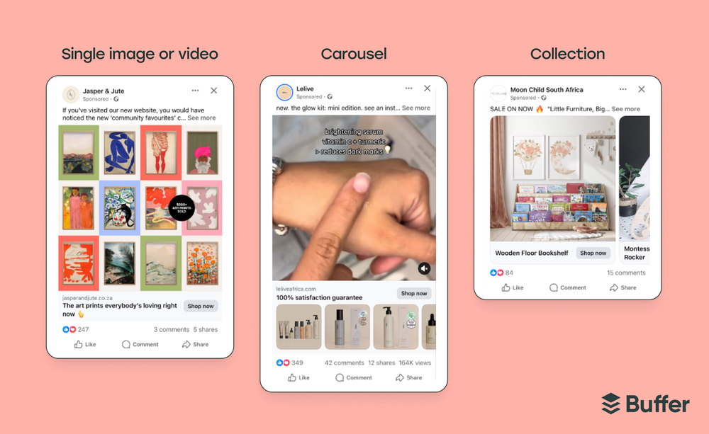 Facebook marketing ad format examples showing three mobile mockups — a Jasper & Jute single-image ad, a Lelive carousel ad, and a Moon Child South Africa collection ad