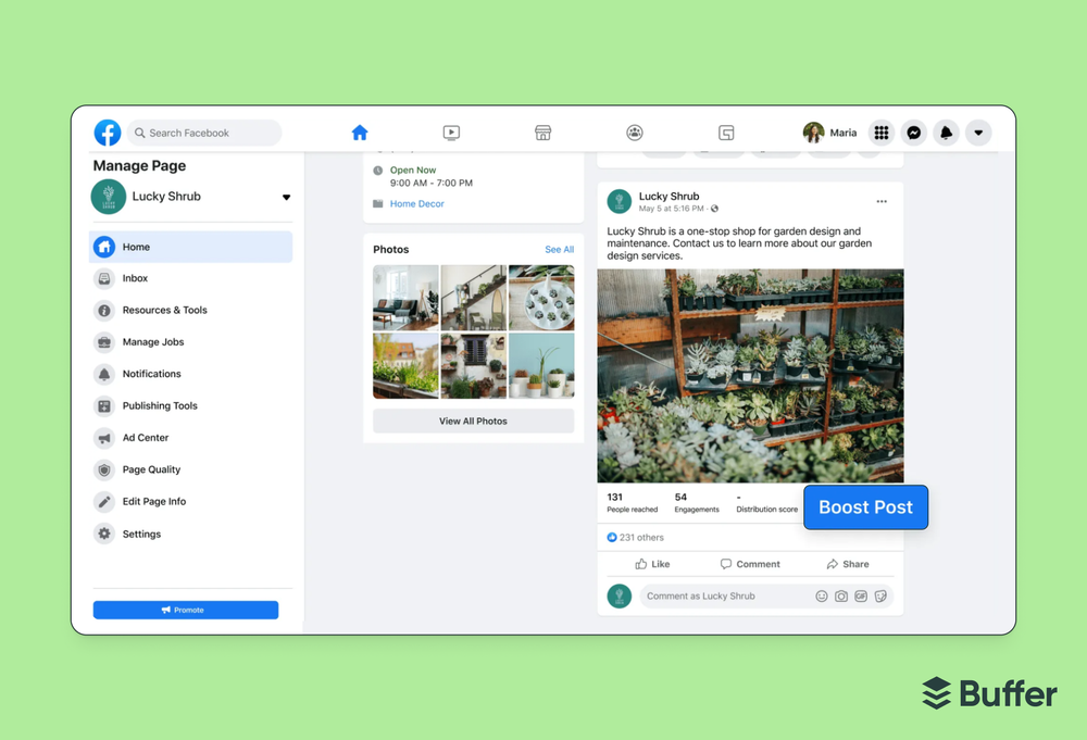 Facebook marketing screenshot of Lucky Shrub's Facebook Page with the Manage Page sidebar open and a Boost Post button highlighted on a garden centre photo