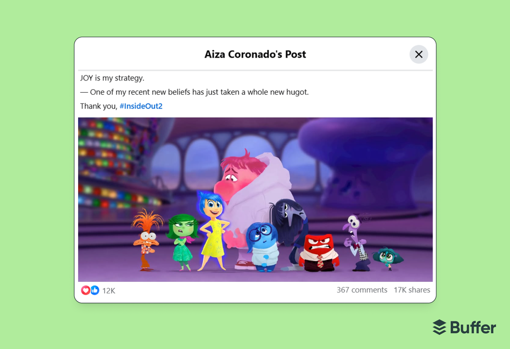 Facebook marketing screenshot of an Aiza Coronado Facebook post captioned "JOY is my strategy" with an Inside Out 2 image, 12K reactions and 17K shares
