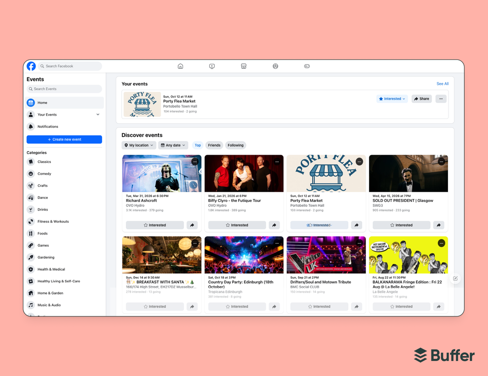 Facebook marketing screenshot of the Facebook Events page showing "Your events" and "Discover events" sections with concert, market, and comedy listings