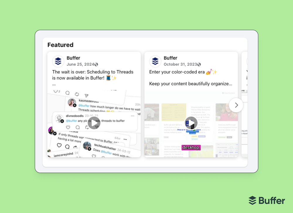 Facebook marketing screenshot of Buffer's Facebook Page "Featured" section showing two pinned video posts about Threads scheduling and color-coded content tags