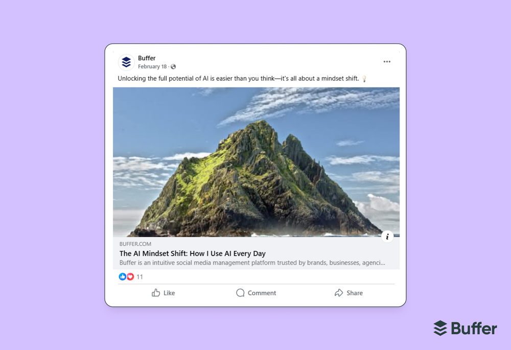 Facebook marketing screenshot of a Buffer Facebook link post sharing "The AI Mindset Shift: How I Use AI Every Day" with a green island photo and 11 reactions
