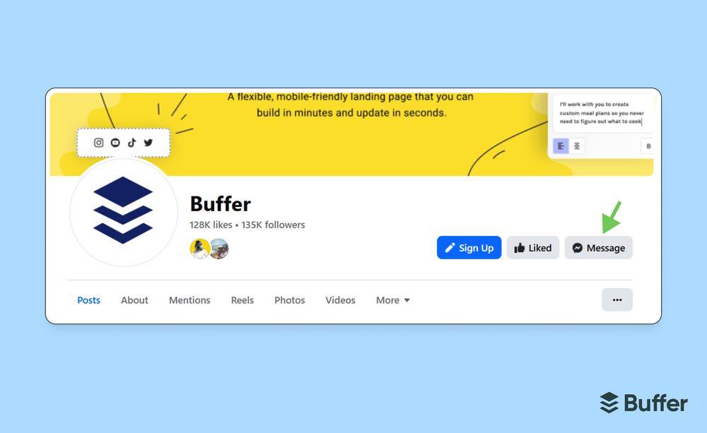 Facebook marketing screenshot of Buffer's Facebook Page header with 128K likes and 135K followers, with a green arrow pointing to the Message button