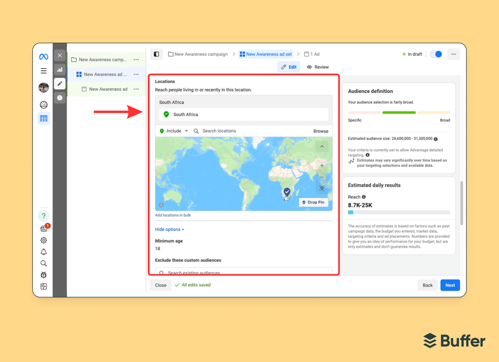 Facebook marketing screenshot of Meta Ads Manager showing location targeting set to South Africa with audience definition and estimated daily reach of 8.7K to 25K