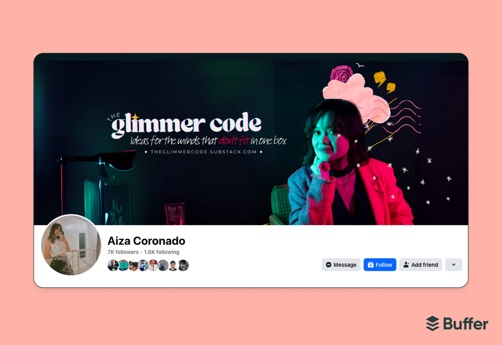 Facebook marketing screenshot of creator Aiza Coronado's Facebook profile in professional mode with a "The Glimmer Code" Substack cover and 7K followers