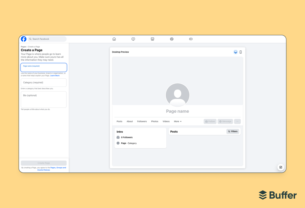 Facebook marketing screenshot of the Facebook "Create a Page" form with Page name, Category, and Bio fields alongside a blank desktop preview
