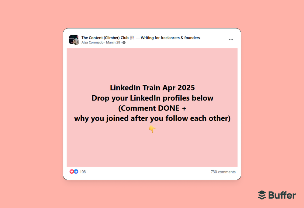 Facebook marketing screenshot of a Facebook group post in The Content (Climber) Club inviting members to a LinkedIn Train, with 108 reactions and 730 comments