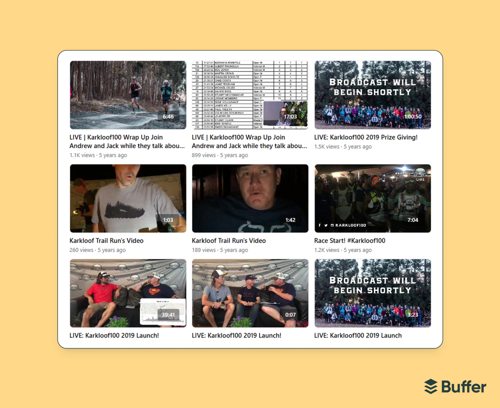 Facebook marketing screenshot of a Facebook video library showing nine Karkloof100 trail run livestreams covering the race launch, broadcast, and prize giving