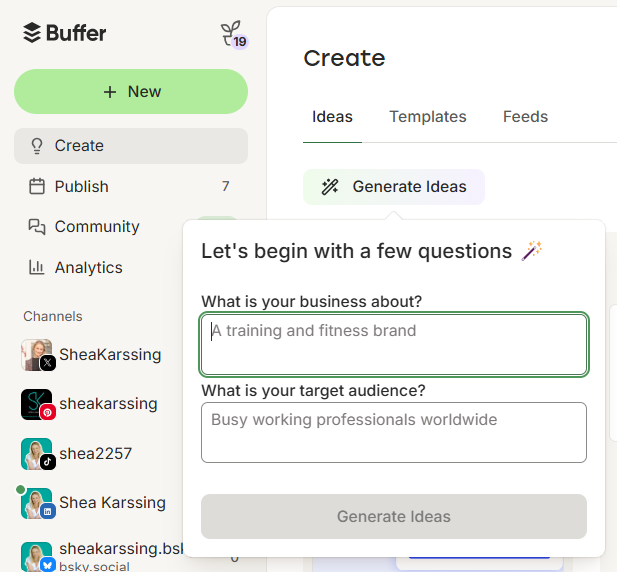 Screenshot of Buffer’s AI writing tools generating social media content ideas with audience targeting and business prompt fields in the Create dashboard.