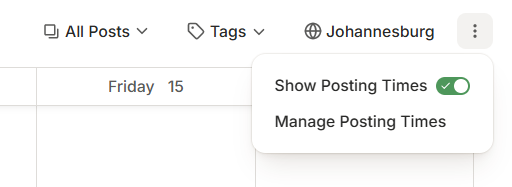 Instagram posting calendar with posting times menu enabled to manage and optimize the best time to post on Instagram.