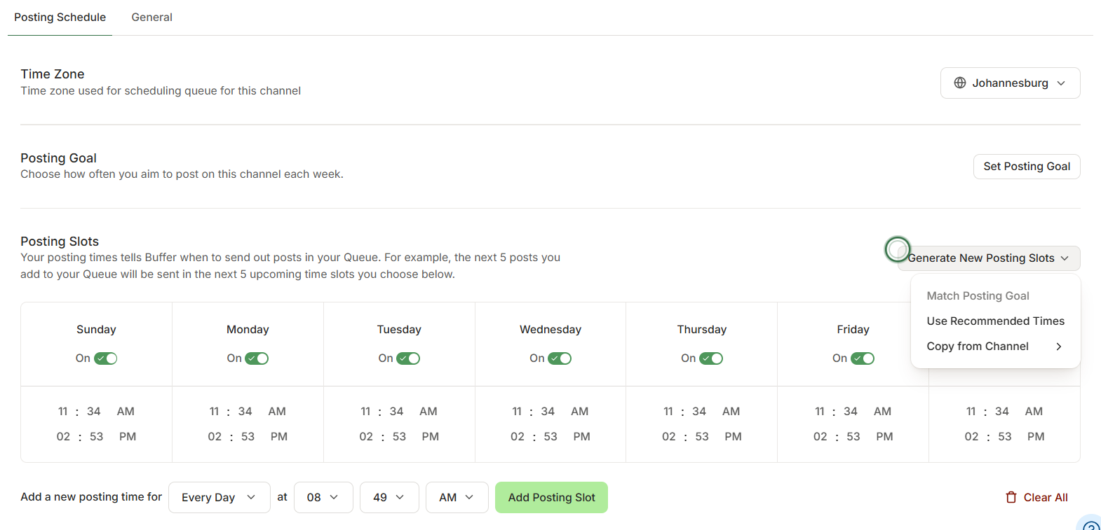 Buffer scheduling tool showing automatic posting slots and recommended times to help set the best time to post on Instagram.