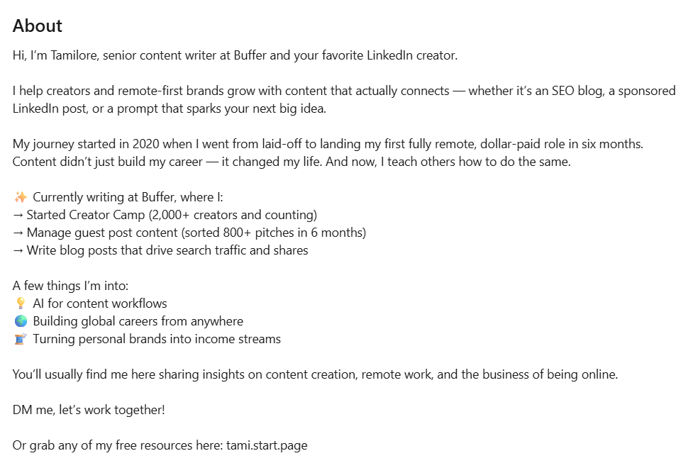LinkedIn profile summary highlighting content writing, remote work, and creator growth tips for how to get more followers on LinkedIn.