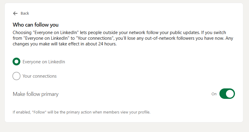 LinkedIn follow settings showing how to get more followers on LinkedIn by enabling public followers and making Follow the primary profile action.