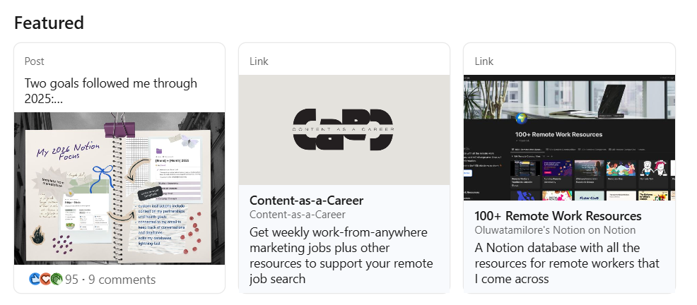 LinkedIn Featured section showcasing posts, resources, and projects to help grow visibility and get more followers on LinkedIn.