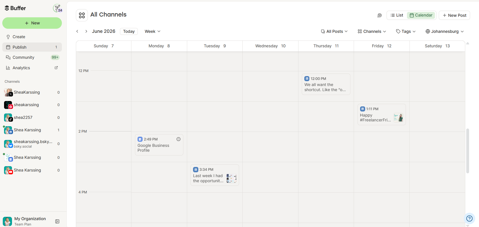 Buffer dashboard displaying multiple connected accounts and a unified content calendar to help manage multiple social media accounts from one place.