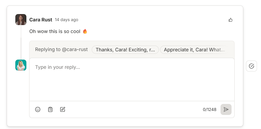 Buffer's comment reply inbox with AI-generated response suggestions, saved replies, and tools to engage followers faster.