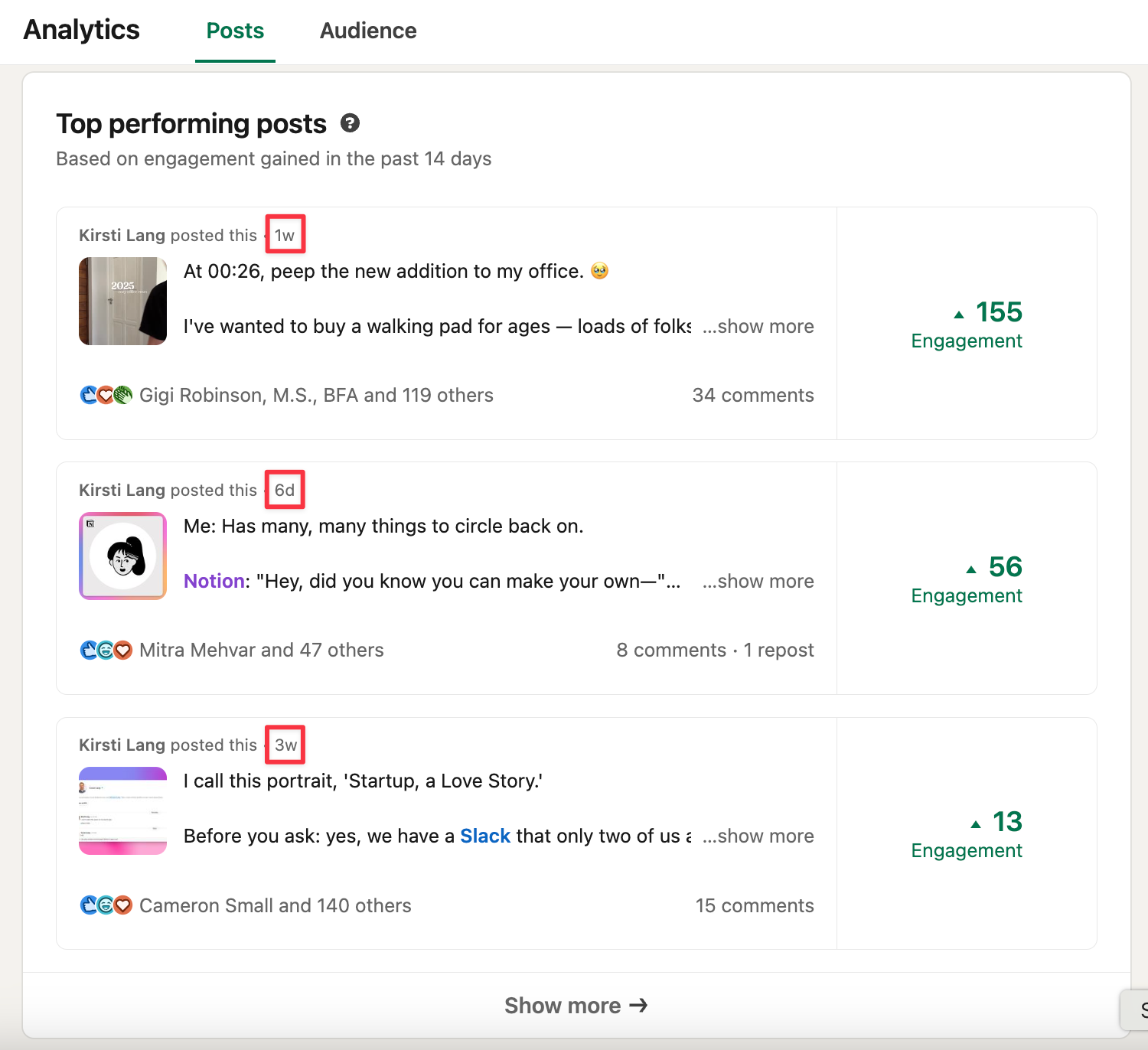 LinkedIn analytics dashboard showing top performing posts and engagement metrics, helping identify the best time to post on LinkedIn based on recent post performance.