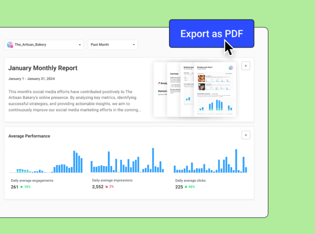 Buffer analytics dashboard with monthly performance charts and PDF export option, showing how third-party analytics help track growth and get more followers on Instagram.