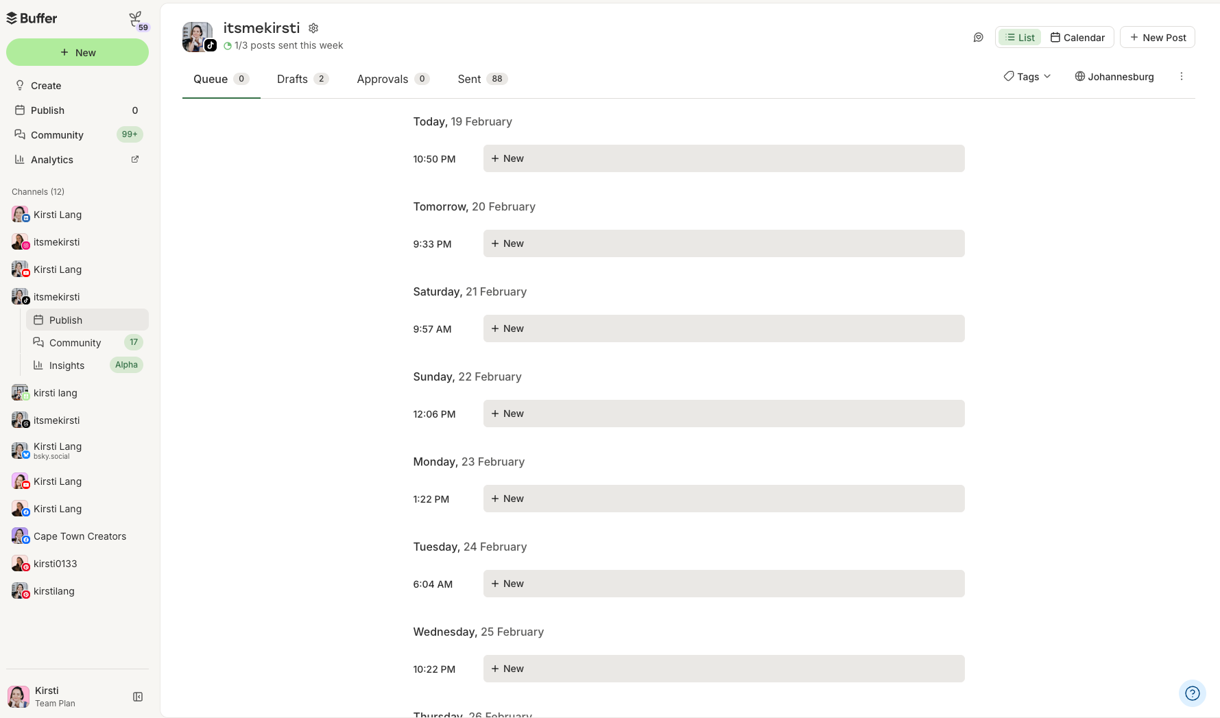Buffer social media scheduling dashboard showing TikTok content calendar and posting queue, illustrating the best time to post on TikTok for audience engagement.