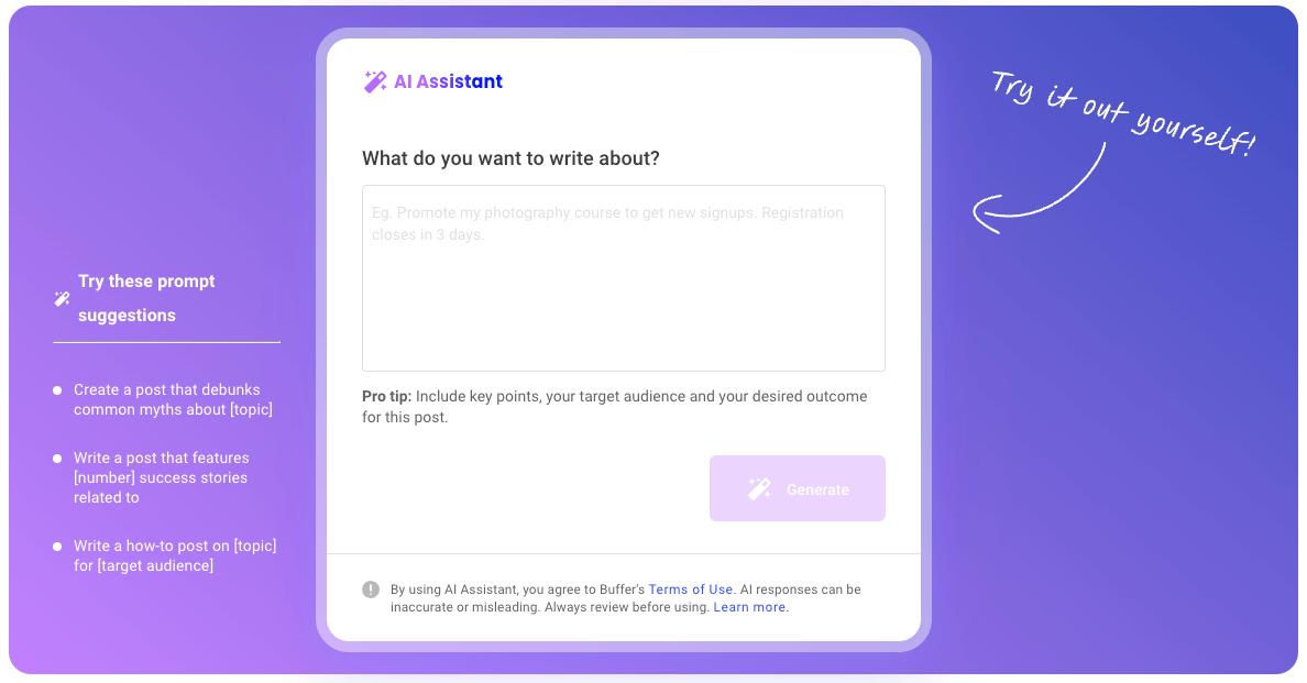 Screenshot of Buffer’s AI writing tools interface with prompt suggestions and content generation form for creating social media posts and marketing copy.