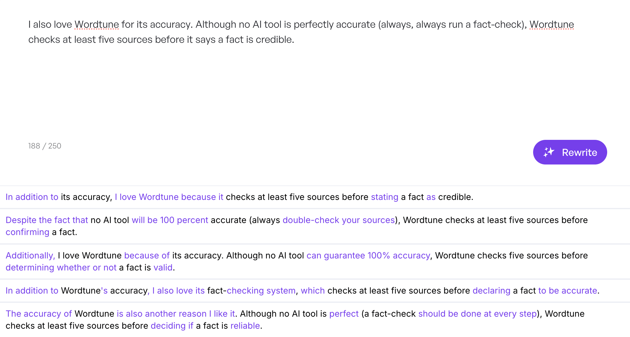 Wordtune rewrite interface showing AI writing tools generating alternative sentence suggestions focused on accuracy, fact-checking, and clearer content writing.