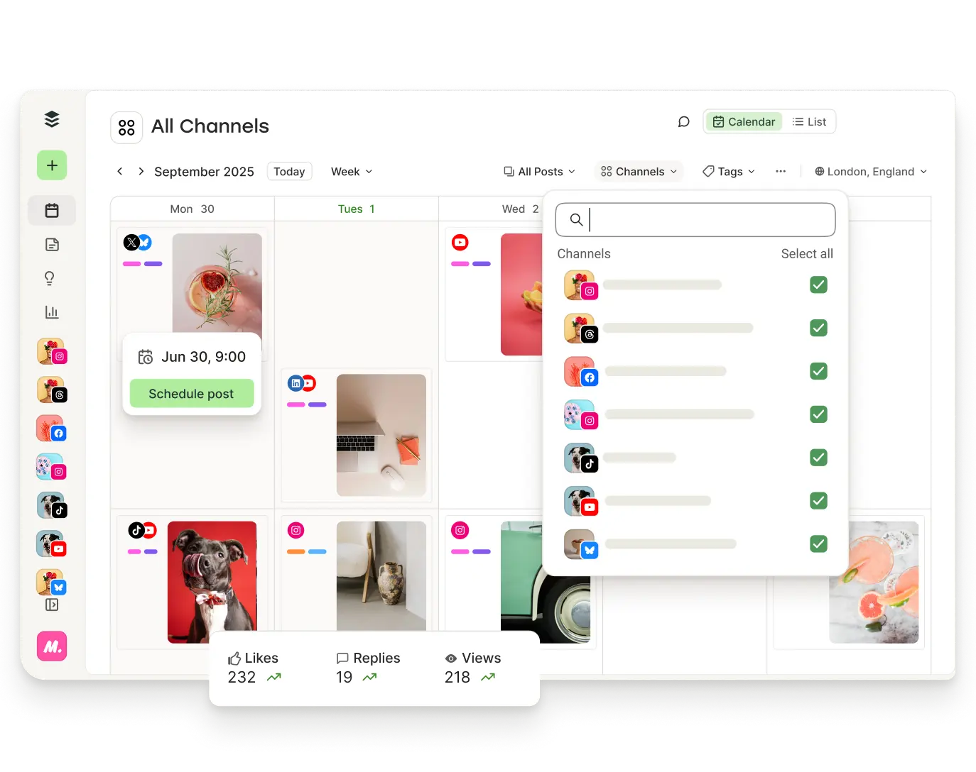 Vista del calendario de Buffer con publicaciones programadas y filtros para canales, etiquetas y más.