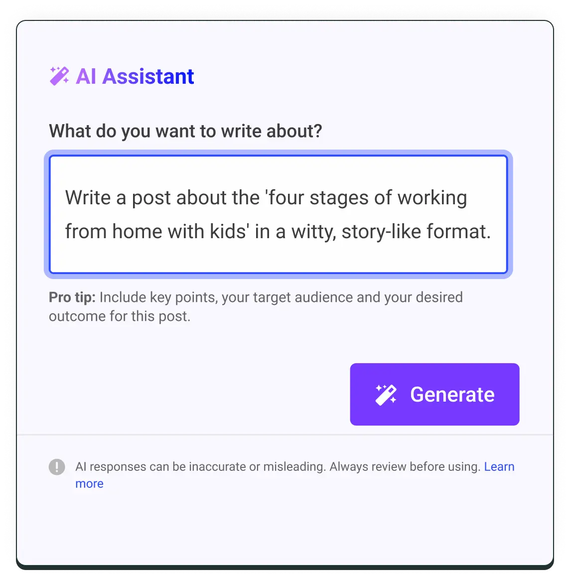 Générateur de publications pour réseaux sociaux Buffer AI Assistant avec un éditeur de texte et des conseils pour les prompts.