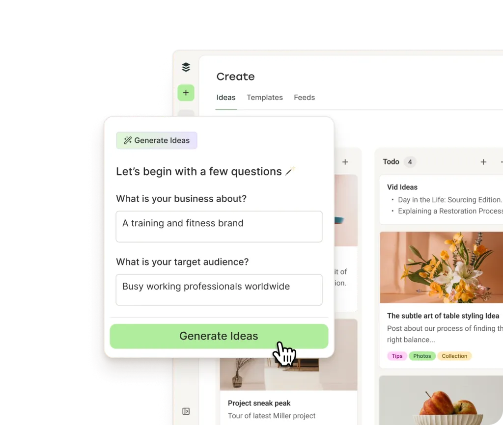 Asistente de IA de Buffer con generación de texto y opciones para reformular, acortar, expandir y hacer el contenido más casual o formal.