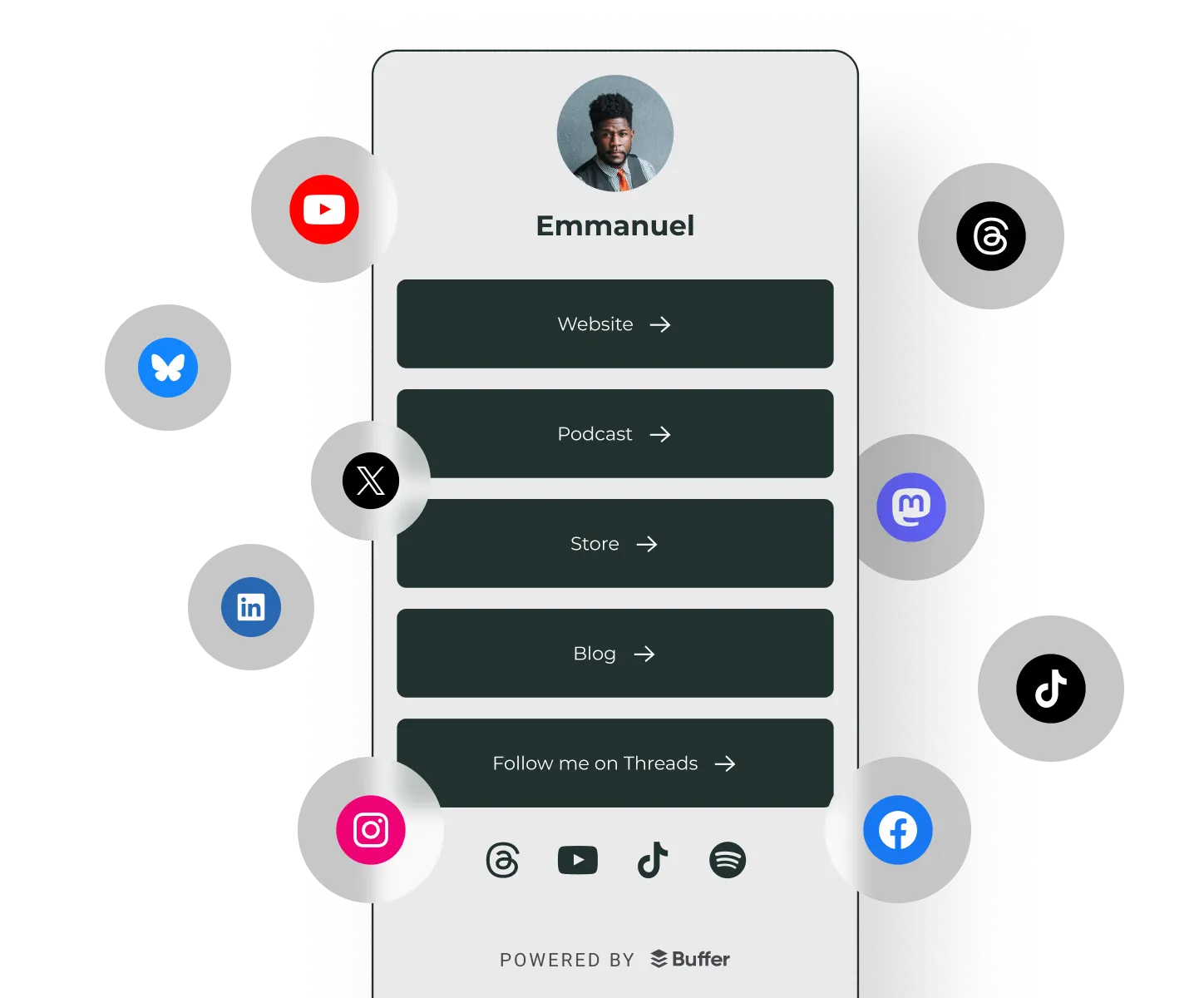 Profil Buffer Start Page avec des liens vers un site personnel, un podcast, une boutique, un blog et des canaux de réseaux sociaux.