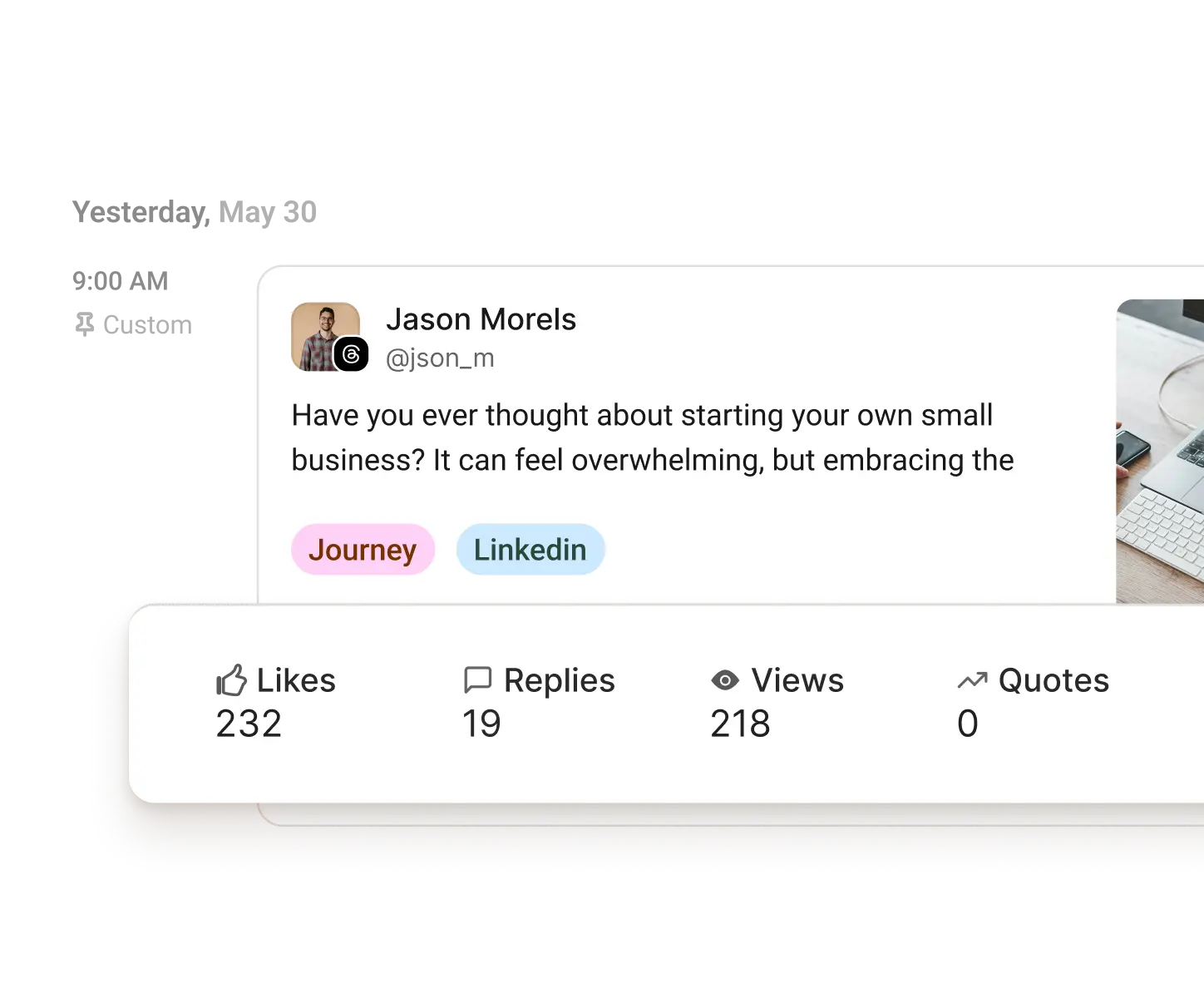 Vista de analíticas de Buffer con likes, respuestas, vistas, citas y más para cada publicación.