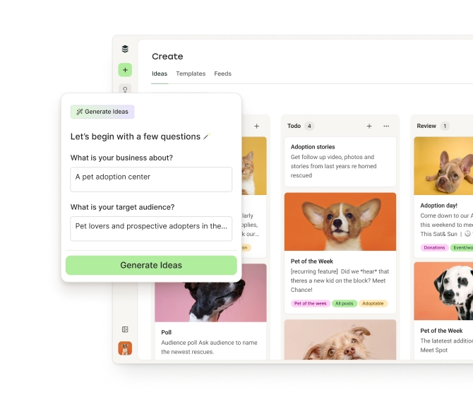 Un tablero de ideas para publicaciones en Bluesky en Buffer con columnas para crear y organizar ideas por estado y etiquetas y un asistente de IA para generar ideas.