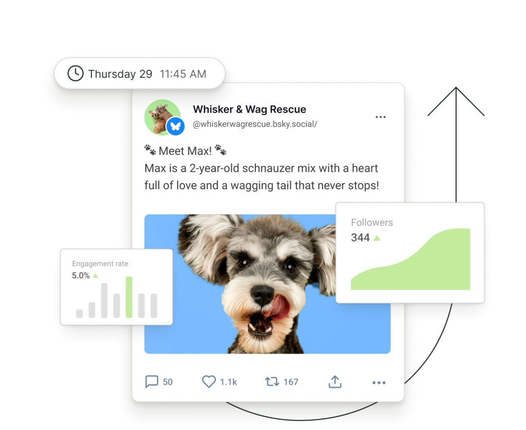 Una publicación en Bluesky rodeada de gráficos flotantes de seguidores y tasa de engagement.