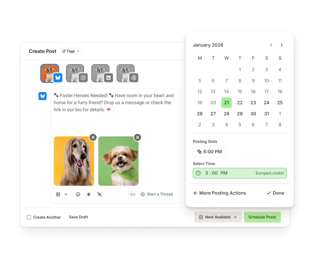Pantalla de creación de publicación en Bluesky con entrada de texto, adjuntos de imagen y un selector de fecha para programar publicaciones.