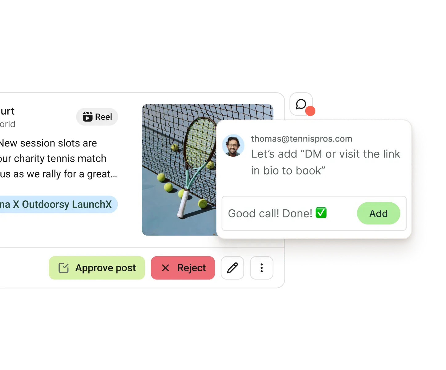 Vue Buffer Collaborate avec des fils de retours sur les publications et des flux de validation.