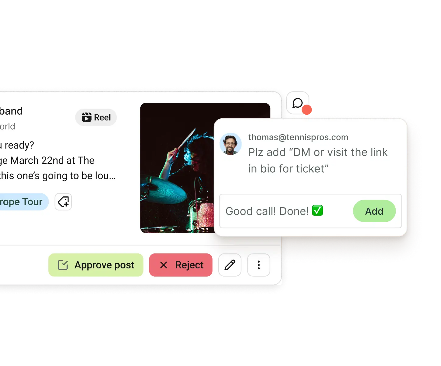 Vista de colaboración de Buffer con hilos de feedback para publicaciones y flujos de aprobación.